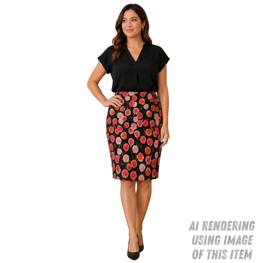 Talbots Womens 16 16W Black Pink Floral Canvas‎ Pencil Skirt Wedding Guest Work - Picture 2 of 11